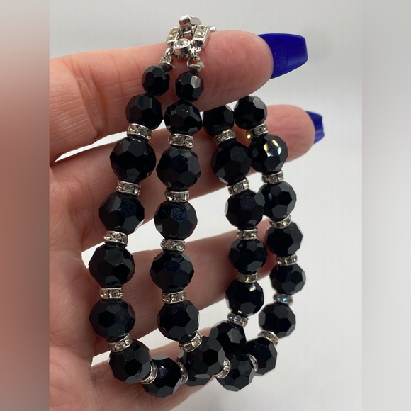 Crown Trifari Black Faceted Glass Clear Rhinestone Rondelle Bracelet - Picture 4 of 5